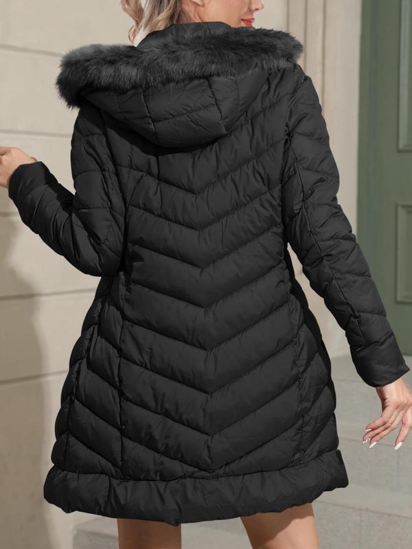 Women's Solid Color Contrast Faux Fur Hooded Quilted Jacket, Casual Long Sleeve Zip Up Quilted Outerwear for Fall & Winter, Women's Clothing for Daily Wear
