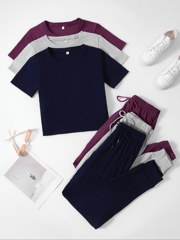 Women's Solid Pants Set, Casual Short Sleeve T-Shirt & Tie Front Pants, Fall Outfits 2024, Back To School Outfits, Co ord Set, Summer Clothes for Daily Wear, Summer Outfits 2024, Downtown Girl Clothes
