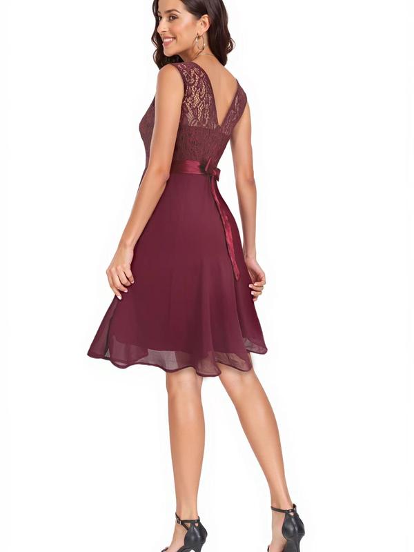 Women's Contrast Floral Lace Bow Back Tank Dress, Elegant Backless Midi Dress for Party Wedding Guest, Ladies Clothes for All Seasons