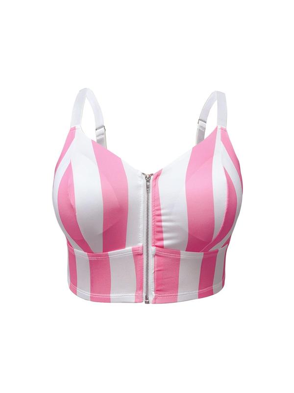  Striped Print Zipper Front Wireless Bra, Casual Adjustable Strap Removable Padded Bralette, Women's Lingerie for All Seasons