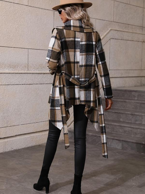 Women's Plaid Print Belted Asymmetrical Hem Coat Jackets, Elegant Long Sleeve Waterfall Collar Outerwear for Fall & Winter, Winter Clothes Women, Women's Clothing for Daily Wear, Fall Outfits, Fallfreshness Clothes, Womenswear