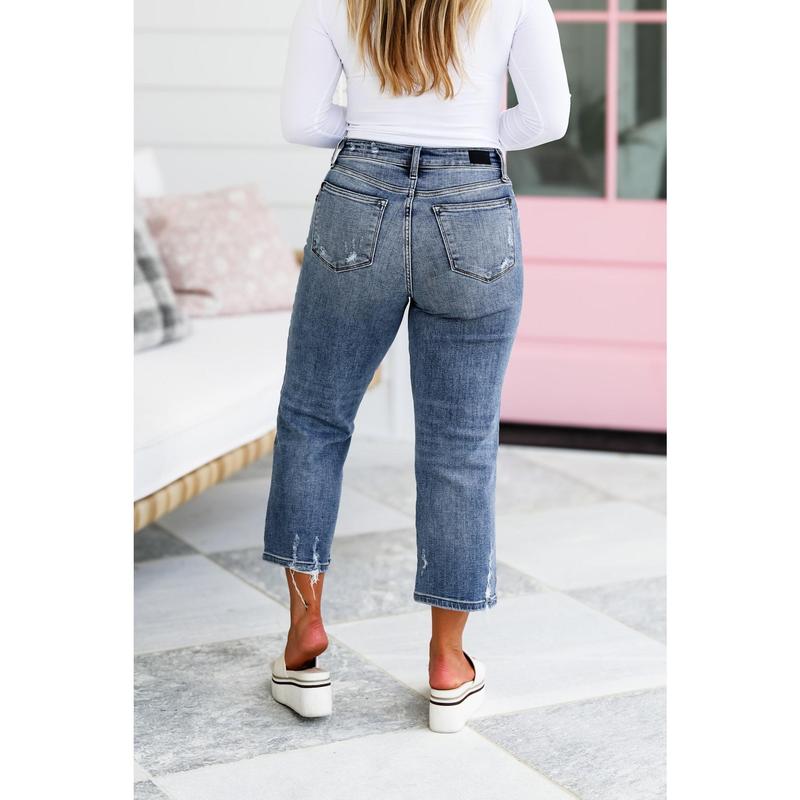 Judy Blue High Rise Medium Wash Button Fly Distressed Wide Leg Cropped Jeans