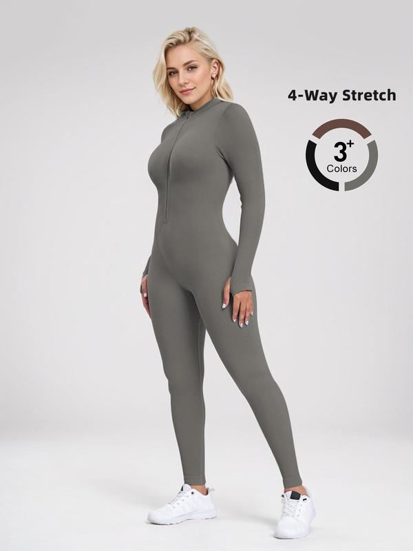 Women's Solid Zip Up Mock Neck Bodysuit, Casual Sporty Comfy Long Sleeve Bodysuit for Fall, Ladies Clothes for Daily Wear
