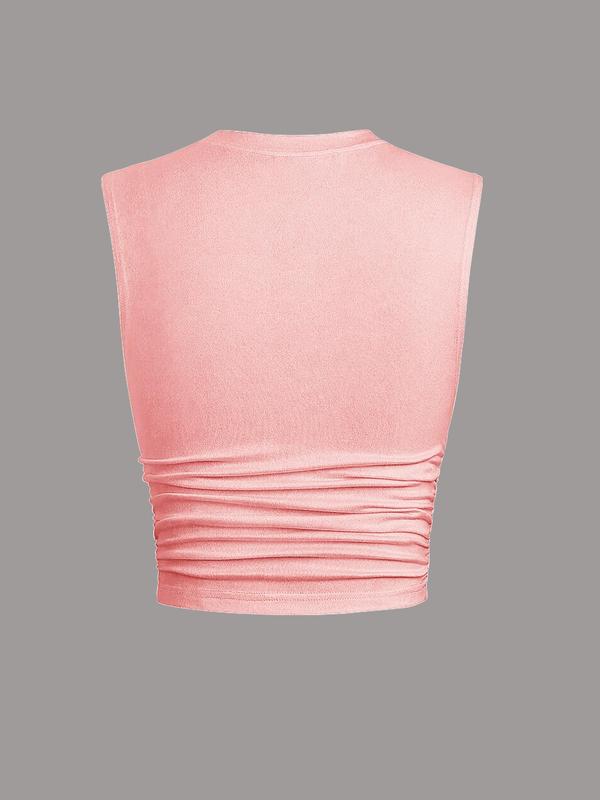 Women's Solid Ruched Crop Tank Top, Casual Sleeveless Round Neck Cropped Top for Summer, Ladies Clothes for Daily Wear
