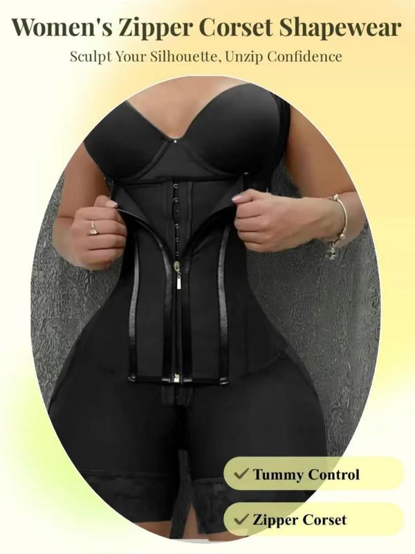 Women's Solid Contrast Lace Zipper Shapewear Romper, Adjustable Hooks Tummy Control Shaper, Women's Shapewear for Daily Wear