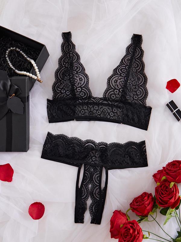 Women's Floral Lace Cut Out Sheer Sexy Lingerie Set, Adjustable Strap Scallop Trim Bra & Crotchless Panty Set, Fashion Romantic Women's Underwear Set for All Seasons