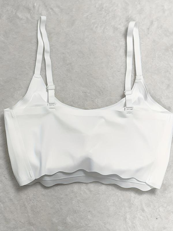 Women's Solid Scallop Trim Wireless Bra, Adjustable Strap Push Up Bralette, Bras for Women, Soft Comfy Lingerie for Women