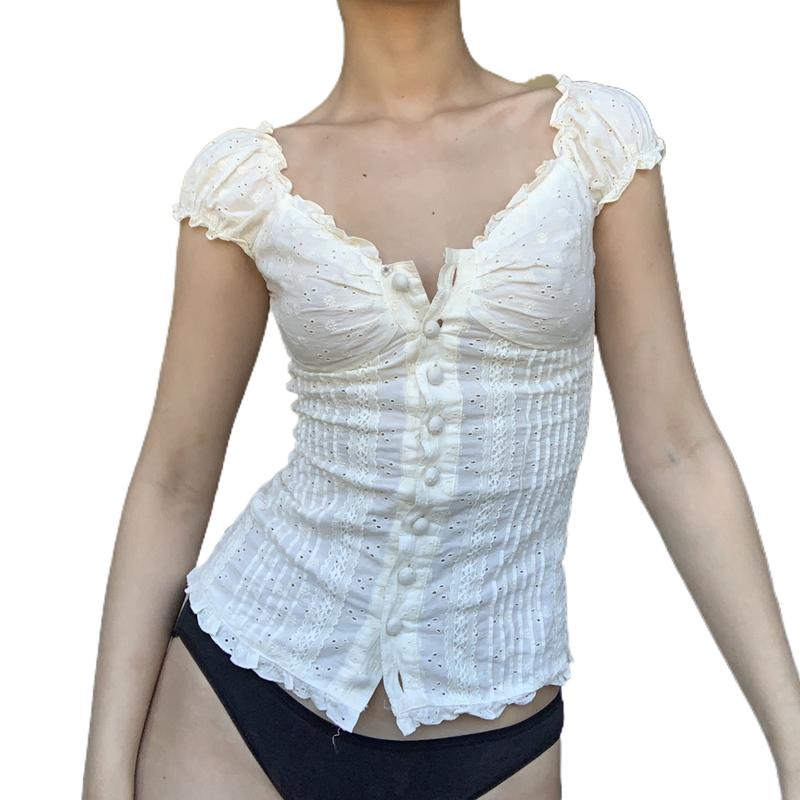Women Y2k Girls Sexy T-Shirt Crio Top Short Sleeve Ruffle Hem Button Down Lace Tee Shirt Y2k Vintage Cute Fairy Tank Top Party Streetwear
