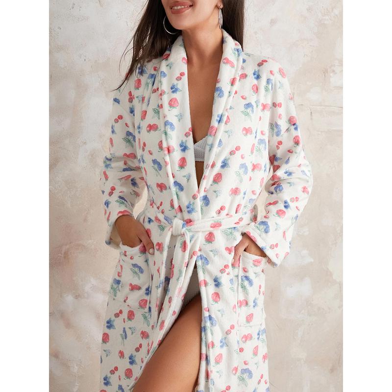 Women's Soft Summer Dressing Gown Floral Fruit Print Plush Shawl Collar Bathrobe Warm Lounge Robe with Belt Cotton Light