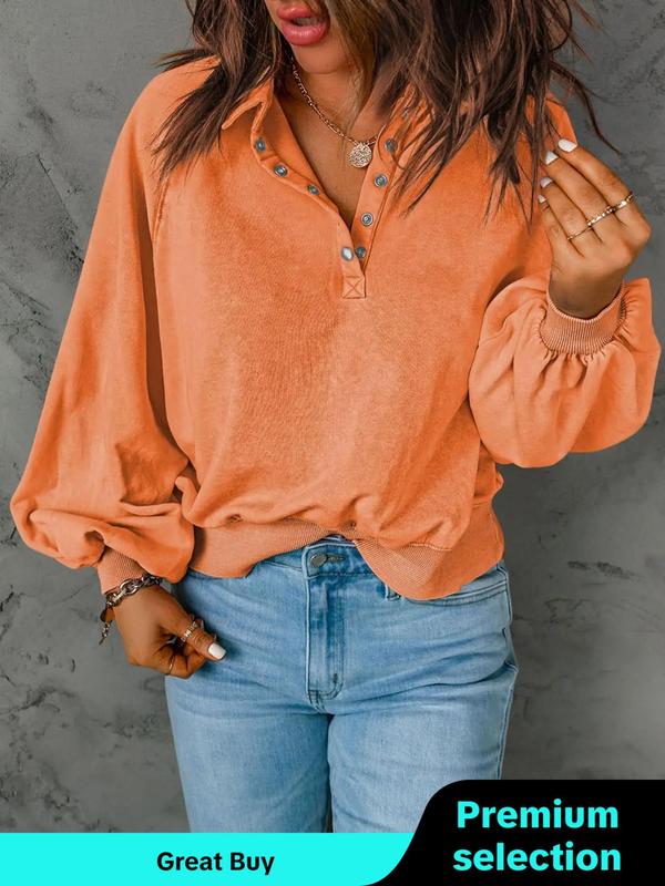 Women's Plain Button Front Lantern Sleeve Sweatshirt, Fall Outfits, Casual Long Sleeve Collared Pullover for Fall, Ladies Clothes for Daily Wear  Utah Girl Fits