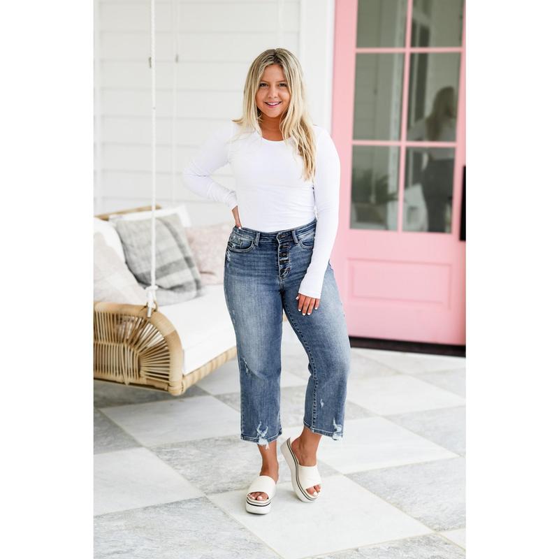Judy Blue High Rise Medium Wash Button Fly Distressed Wide Leg Cropped Jeans