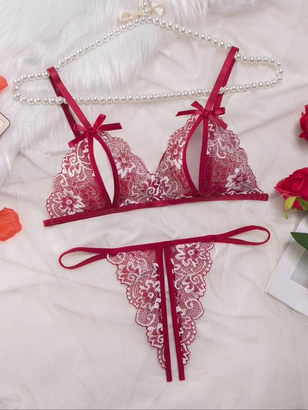 Women's Floral Lace Bow Front Sexy Lingerie Set, Fashion Cut Out Bra & Sheer Thong Set, Soft Comfy Breathable Sexy Two-piece Lingerie Set for Women