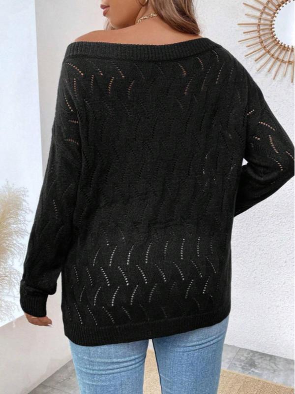Plus Size Solid Hollow Out Drop Shoulder Sweater,  Designer Clothing, Casual Long Sleeve Scoop Neck Jumper for Spring & Fall, Women's Plus Clothing for Daily Wear