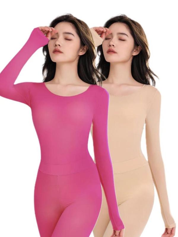 Women's Solid Thermal Lined Underwear Two-Piece Set, Casual Comfy Warm Mock Neck Long Sleeve Top for Fall & Winter, Ladies Thermal Underwear for Daily Wear