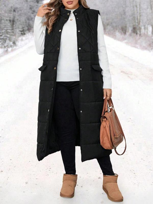 Solid Button Front Pocket Quilted Vest Coat, Casual Sleeveless Outerwear for Fall & Winter, Women's Clothes for Daily Wear