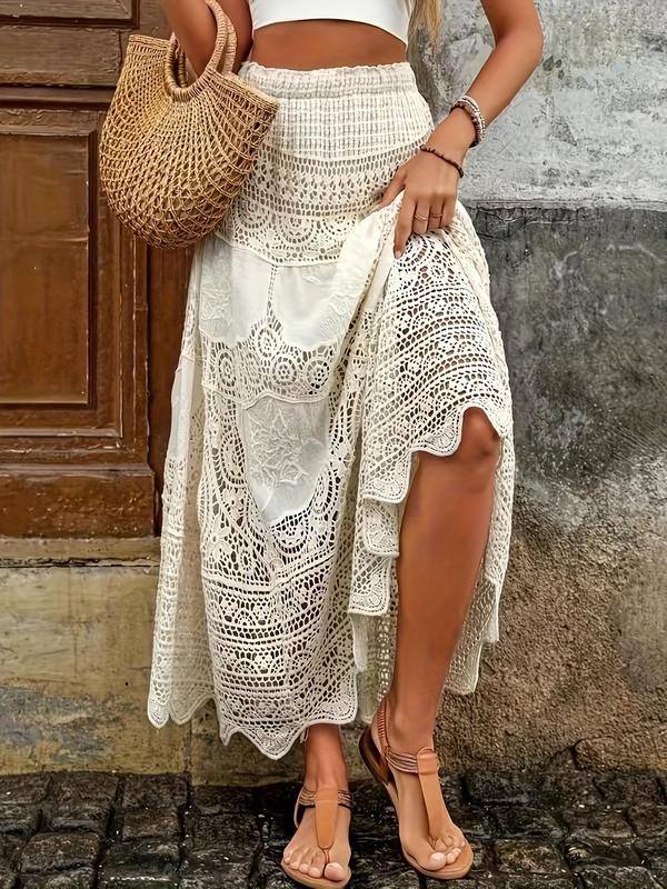 Women's Plain Hollow Out Skirt, Boho Fashion A Line Long Skirt for Beach Holiday Vacation, Ladies Bottoms for All Seasons