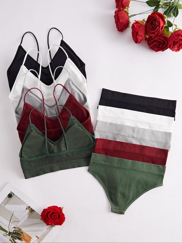 Women's Solid Wireless Bra & Panty Set, 5 Sets Casual Comfy Breathable Bra & Knicker Set for Daily Wear, Underwear Set for Women
