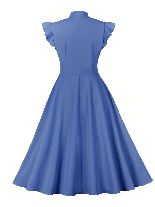 Women's Plain Pleated Butterfly Sleeve Ruffle Trim  Dress, Elegant Tie Neck Cap Sleeve Long Dress for Party Holiday Wedding Guest, Ladies Clothes for All Seasons