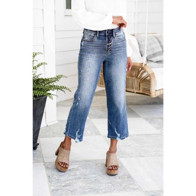 Judy Blue High Rise Medium Wash Button Fly Distressed Wide Leg Cropped Jeans