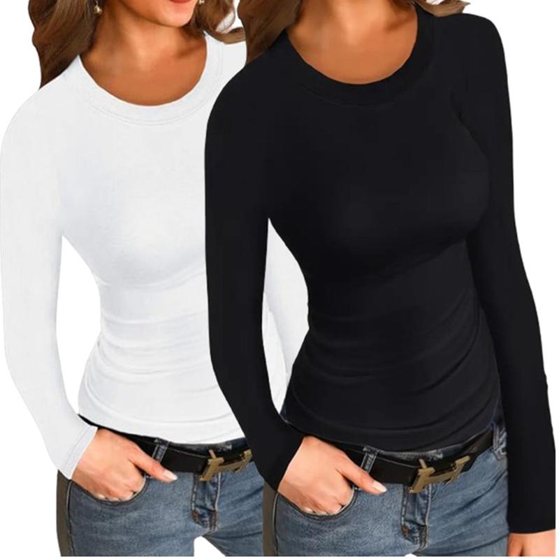 2 Pack Long Sleeve Shirts for Women Crew Neck Thermal Shirts Ribbed Knit Slim Fit T Shirt Basic Tee Tops