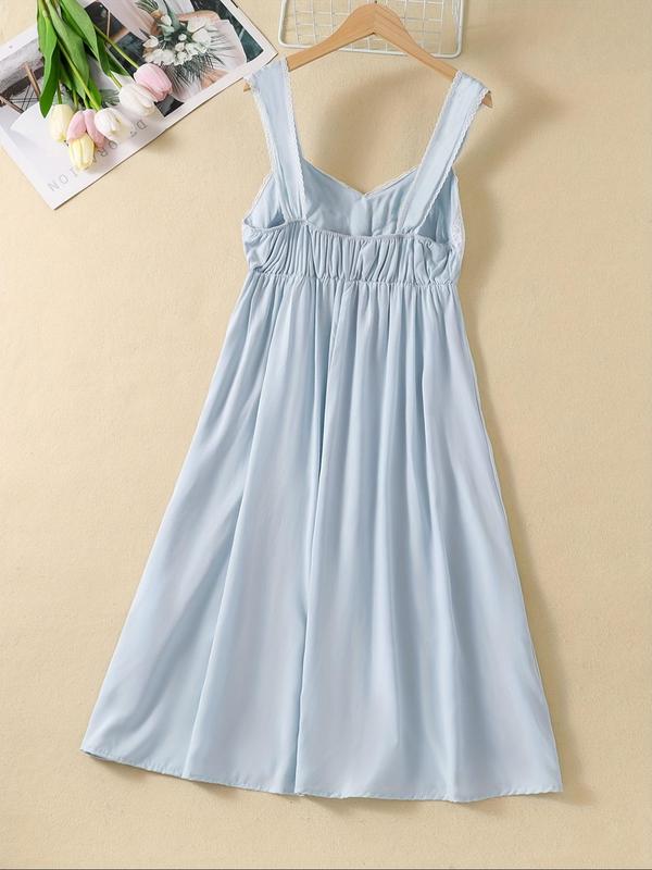 Women's Contrast Lace Ruched Backless Cami Nightdress, Elegant Scallop Trim Sleeveless Nightgown, Summer Sleepwear for Ladies