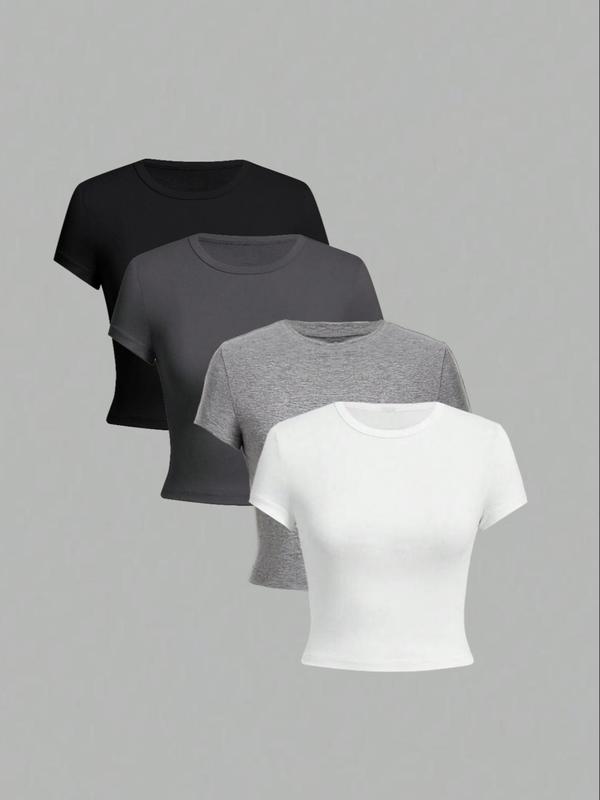 Women's Solid Round Neck Crop Tee, Casual Short Sleeve Crew Neck T-shirt for Daily Wear, Summer Outfits 2024, Back To School Clothes, Ladies Clothes, Going out Tops 2000s