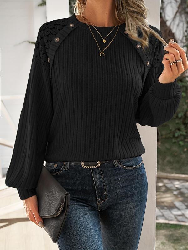 Women's Contrast Floral Lace Button Decor Ribbed Tee, Casual Drop Shoulder Long Sleeve Round Neck T-shirt  for Spring & Fall, Fashion Women's Knitwear for Daily Wear