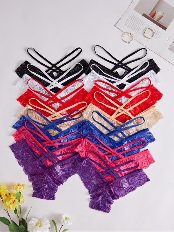 Women's Solid Color Criss Cross Lace Thong, Breathable Comfortable Panty for Daily Wear, Women's Underwear for All Seasons