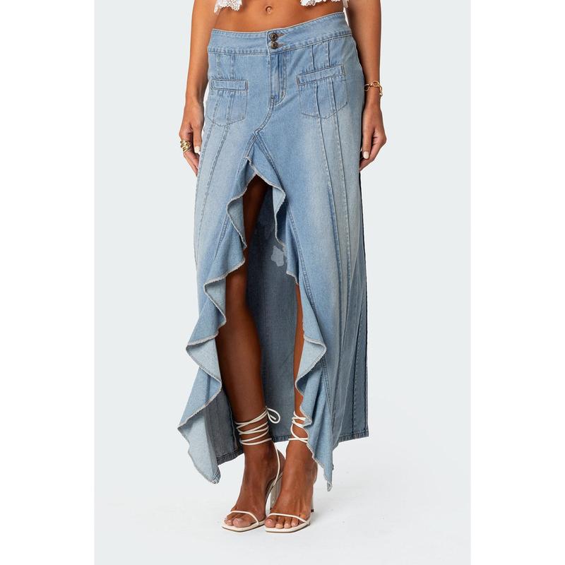 Valencia Ruffle Slitted Denim Maxi Skirt