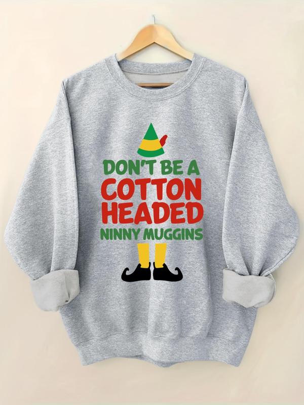 Women's Letter & Elf Print Crew Neck Sweatshirt, Casual Long Sleeve Pullover for Fall & Winter, Women's Clothes for Daily Wear