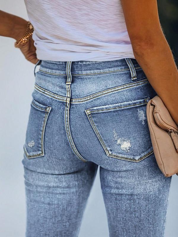 Women's Ripped Button Fly Skinny Jeans, Fashion Casual Denim Pants for Daily Outdoor Wear, Jeans for Women, Ladies Bottoms for All Seasons, Fall Outfits 2024