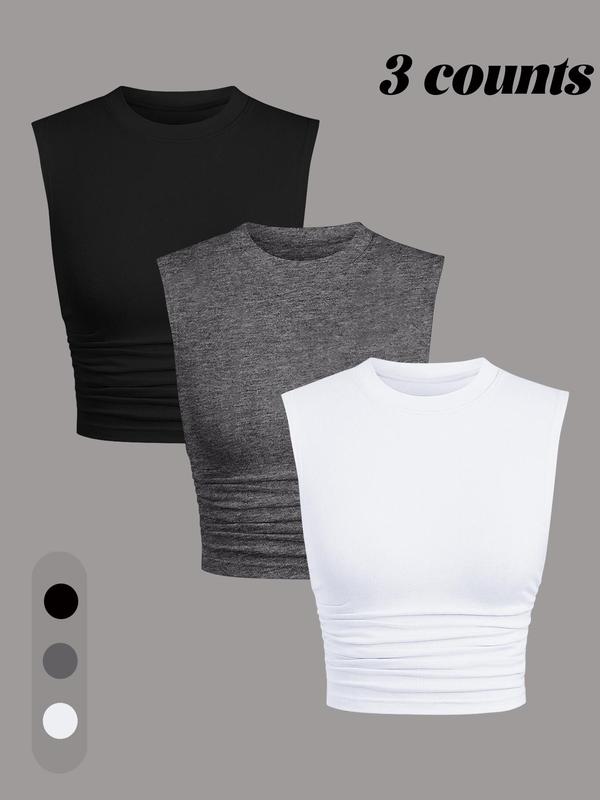 Women's Solid Ruched Crop Tank Top, Casual Sleeveless Round Neck Cropped Top for Summer, Ladies Clothes for Daily Wear