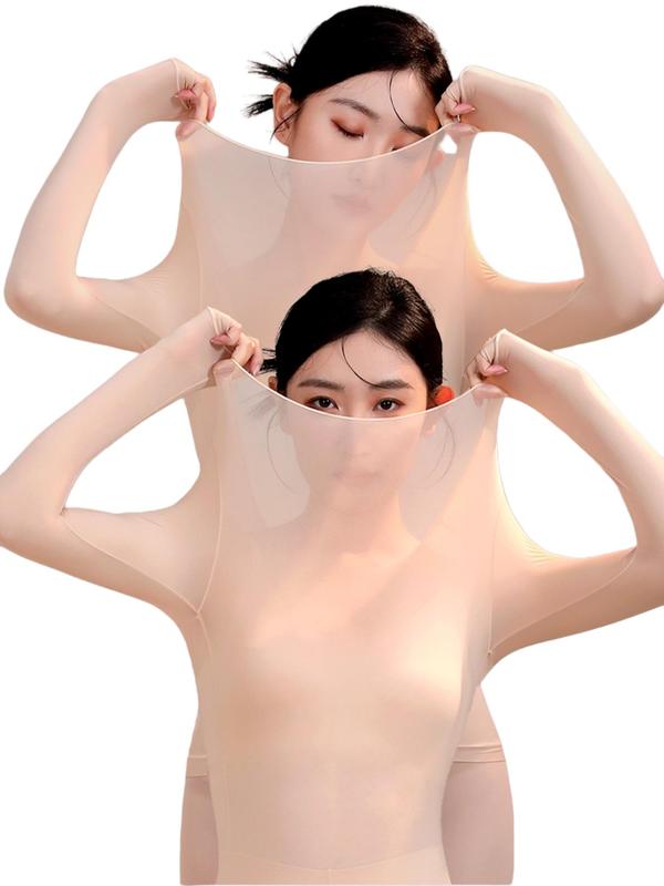 Women's Solid Thermal Lined Underwear Two-Piece Set, Casual Comfy Warm Mock Neck Long Sleeve Top for Fall & Winter, Ladies Thermal Underwear for Daily Wear