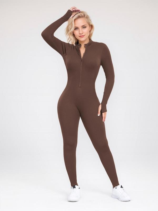 Women's Solid Zip Up Mock Neck Bodysuit, Casual Sporty Comfy Long Sleeve Bodysuit for Fall, Ladies Clothes for Daily Wear