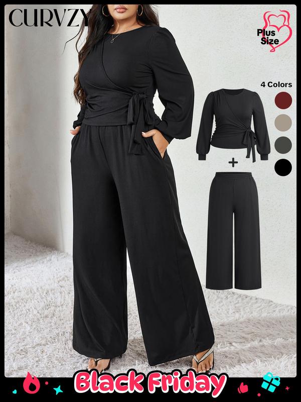 Black Friday Deals CURVZY Plus Size Two-piece Set Solid Ruched Tie Front Blouse & Wide Leg Pants Set, Elegant Bishop Sleeve Top & High Waist Trousers for Daily Wear, Women's Two-piece Outfits,Christmas 2024 Trend,Thanksgiving Outfits,Winter Outfits