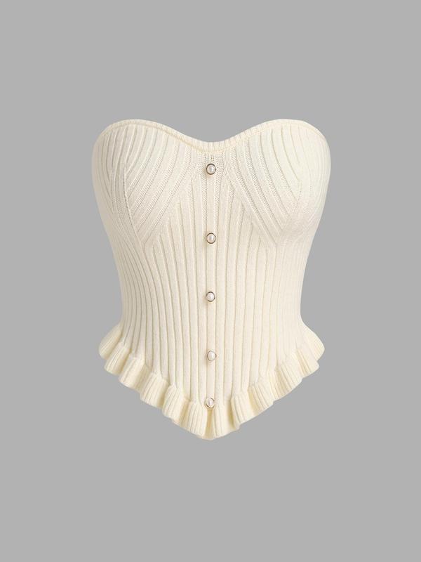 YOZY Women's Plain Ruffle Hem Button Crop Tube Top, Casual Sleeveless Cropped Top for Fall & Winter, Women's Knitwear for Daily Wear