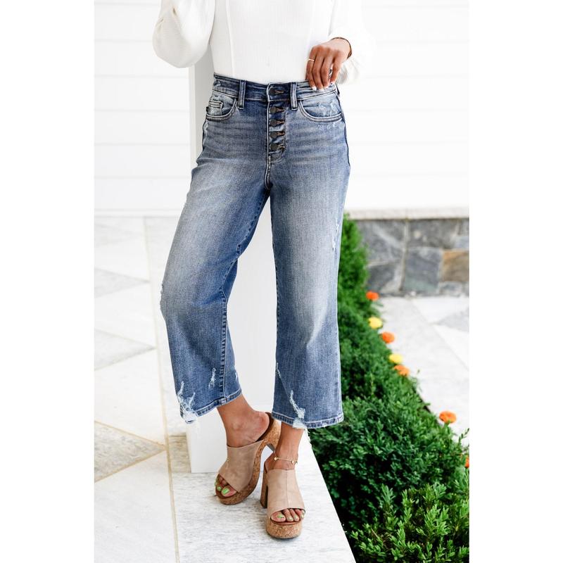 Judy Blue High Rise Medium Wash Button Fly Distressed Wide Leg Cropped Jeans