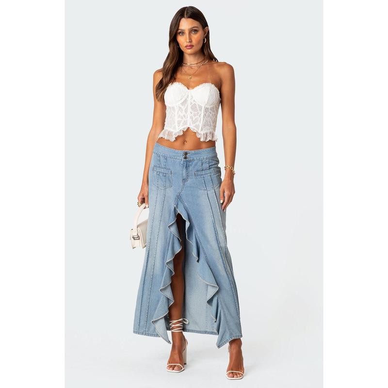 Valencia Ruffle Slitted Denim Maxi Skirt