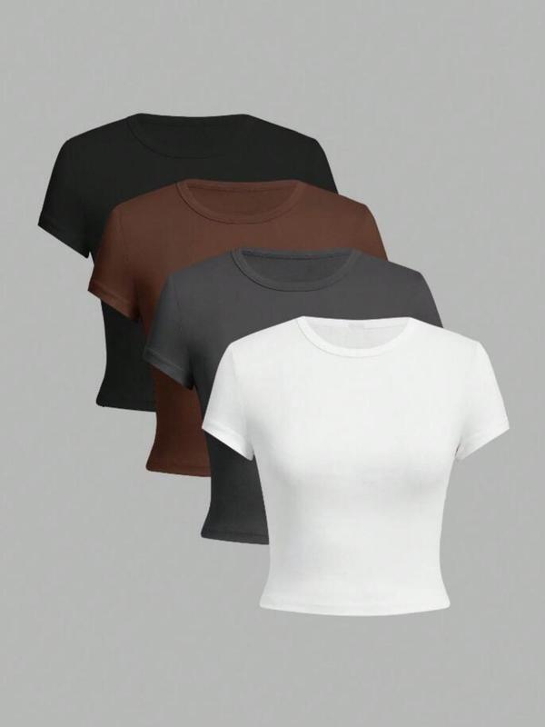 Women's Solid Round Neck Crop Tee, Casual Short Sleeve Crew Neck T-shirt for Daily Wear, Summer Outfits 2024, Back To School Clothes, Ladies Clothes, Going out Tops 2000s