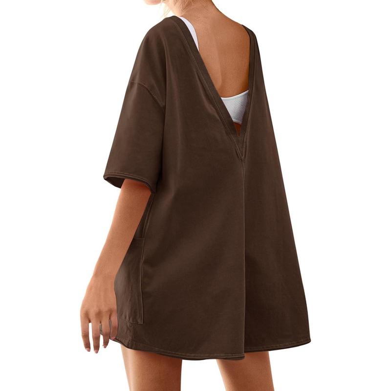 Saodimallsu Comfort Tee Rompers for Women 2024 Summer Lady Athletic Oversize Romper Short Sleeve Jumpsuit can be Worn on Both Sides Onesie with Pockets Casual Womenswear Overalls