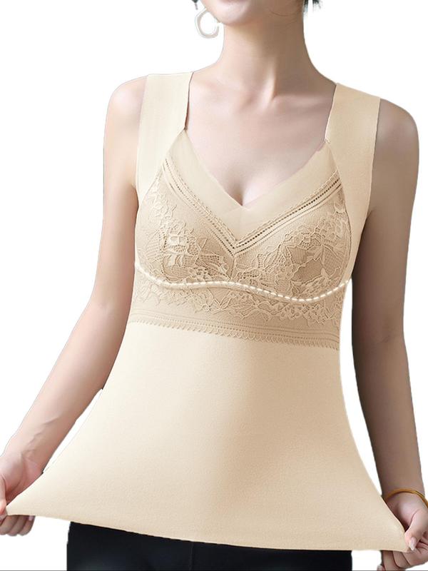 Women's Solid Contrast Lace Thermal Underwear Top, Casual Comfy Warm V Neck Sleeveless Top for Fall & Winter, Women's Thermal Underwear for Daily Wear