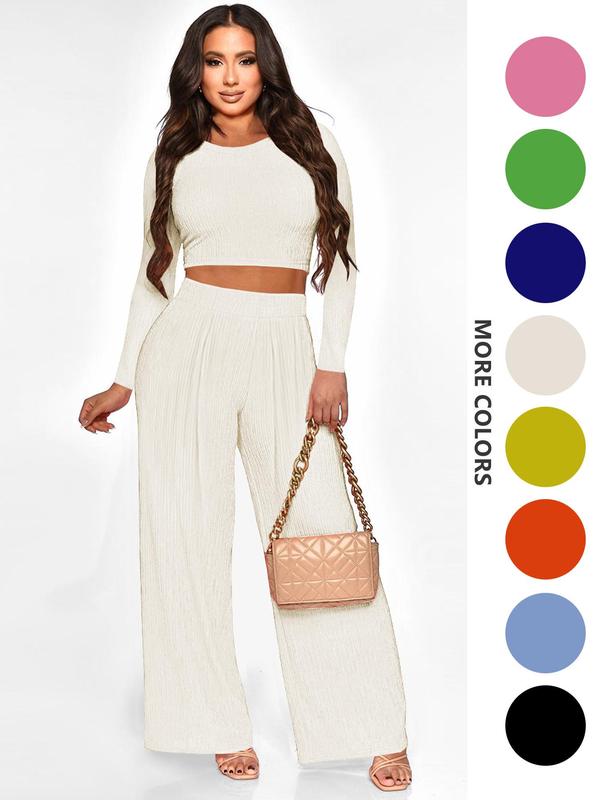 Two-piece Set Women's Solid Textured Crop Top & Wide Leg Pants, Casual Fashion Cozy Round Neck Long Sleeve Top & High Waist Trousers for Daily Outdoor Wear, Women's 2 Piece Sets, Fall Clothing Women 2024