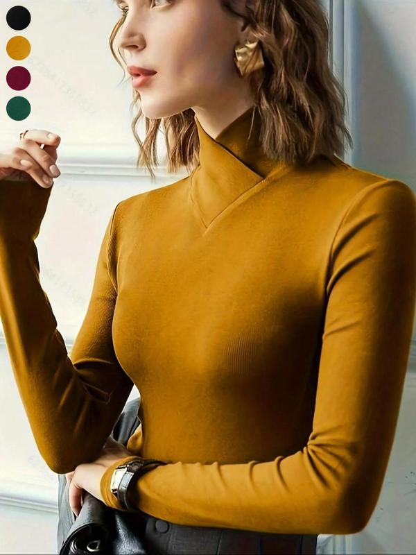 Women's Solid Long Sleeve High Neck Tee, Elegant Fashion Casual T-shirt for Daily Outdoor Wear, T Shirts for Women, Women's Clothing for Fall & Winter, Fall Outfits, Fallfreshness