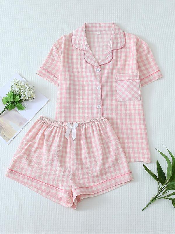 Two-Piece Set Women's Plaid Print Pajama Set, Long Sleeve Lapel Neck Button Front Shirt & Bow Decor Pants PJ Set, Women's Sleepwear for All Seasons