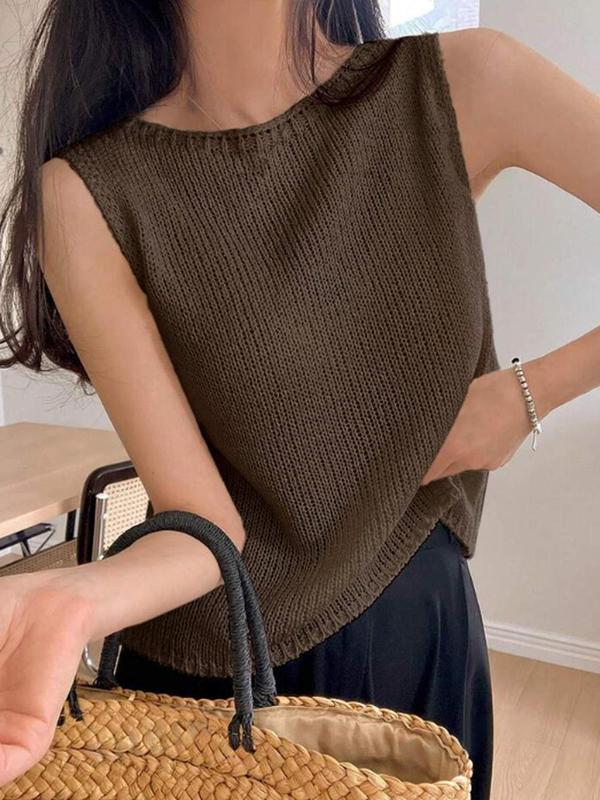 Women's Plain Round Neck Sweater Vest, Casual Sleeveless Knit Top for Summer, Fashion Women's Knitwear for Daily Wear