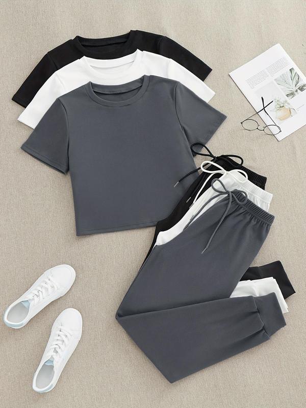 Women's Solid Pants Set, Casual Short Sleeve T-Shirt & Tie Front Pants, Fall Outfits 2024, Back To School Outfits, Co ord Set, Summer Clothes for Daily Wear, Summer Outfits 2024, Downtown Girl Clothes