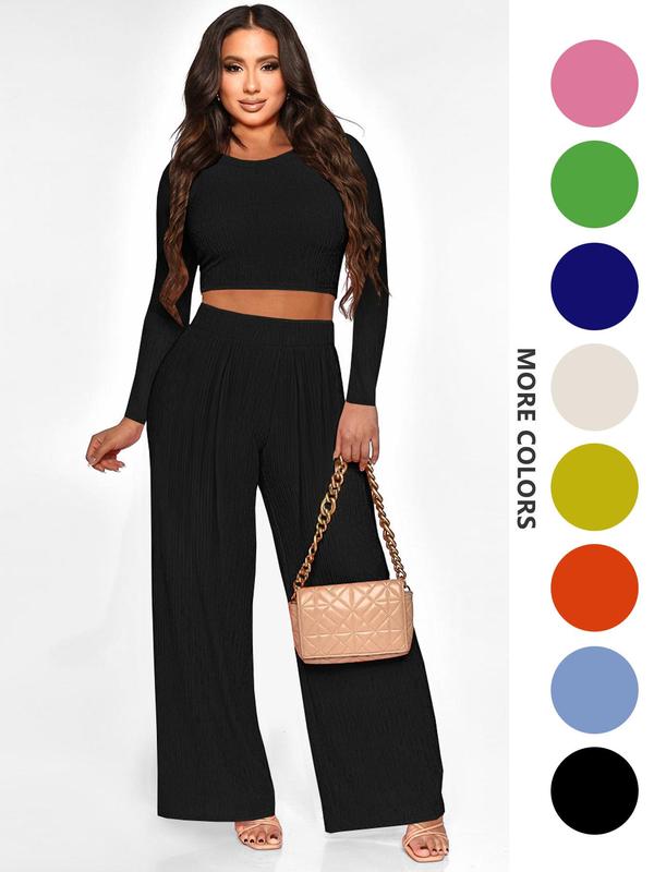 Two-piece Set Women's Solid Textured Crop Top & Wide Leg Pants, Casual Fashion Cozy Round Neck Long Sleeve Top & High Waist Trousers for Daily Outdoor Wear, Women's 2 Piece Sets, Fall Clothing Women 2024