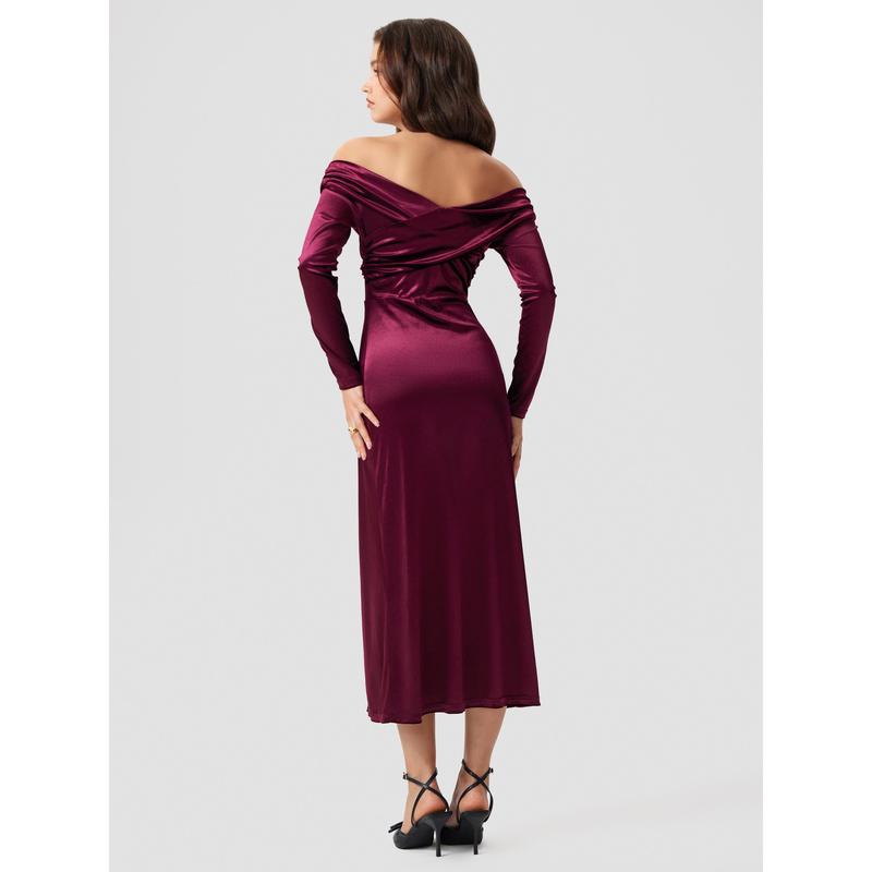 Cider [2 colors, Size 0-10] Velvet Off-shoulder Solid Split Maxi Dress