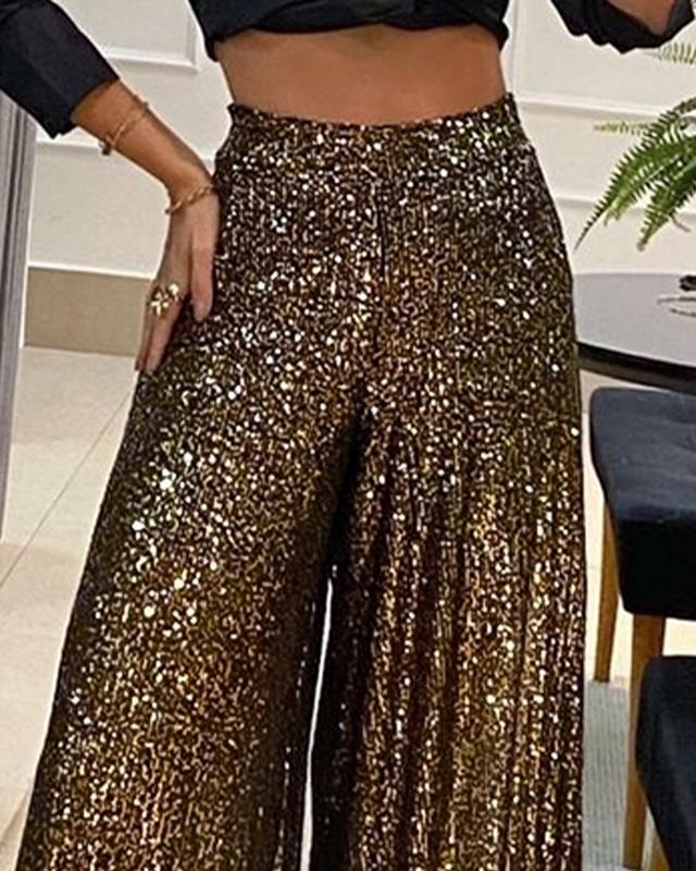 ChicMe Women‘s High Waist Allover Sequin Wide Leg Flared Party Pants Comfort Fabric