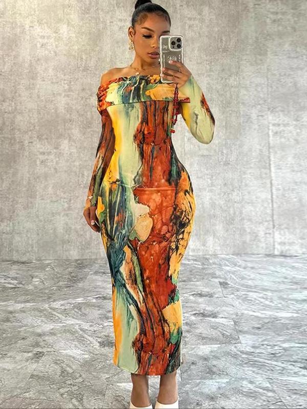 Women's Marble Print Ruched Off Shoulder Bodycon Dress, Elegant Long Sleeve Long Dress for Party Holiday Wedding Guest, Ladies Summer Clothes